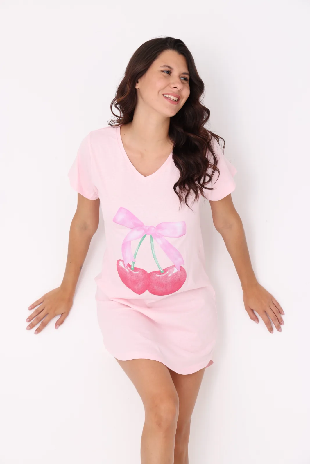 Kiraz Baskılı %100 Pamuk Gecelik – Pembe