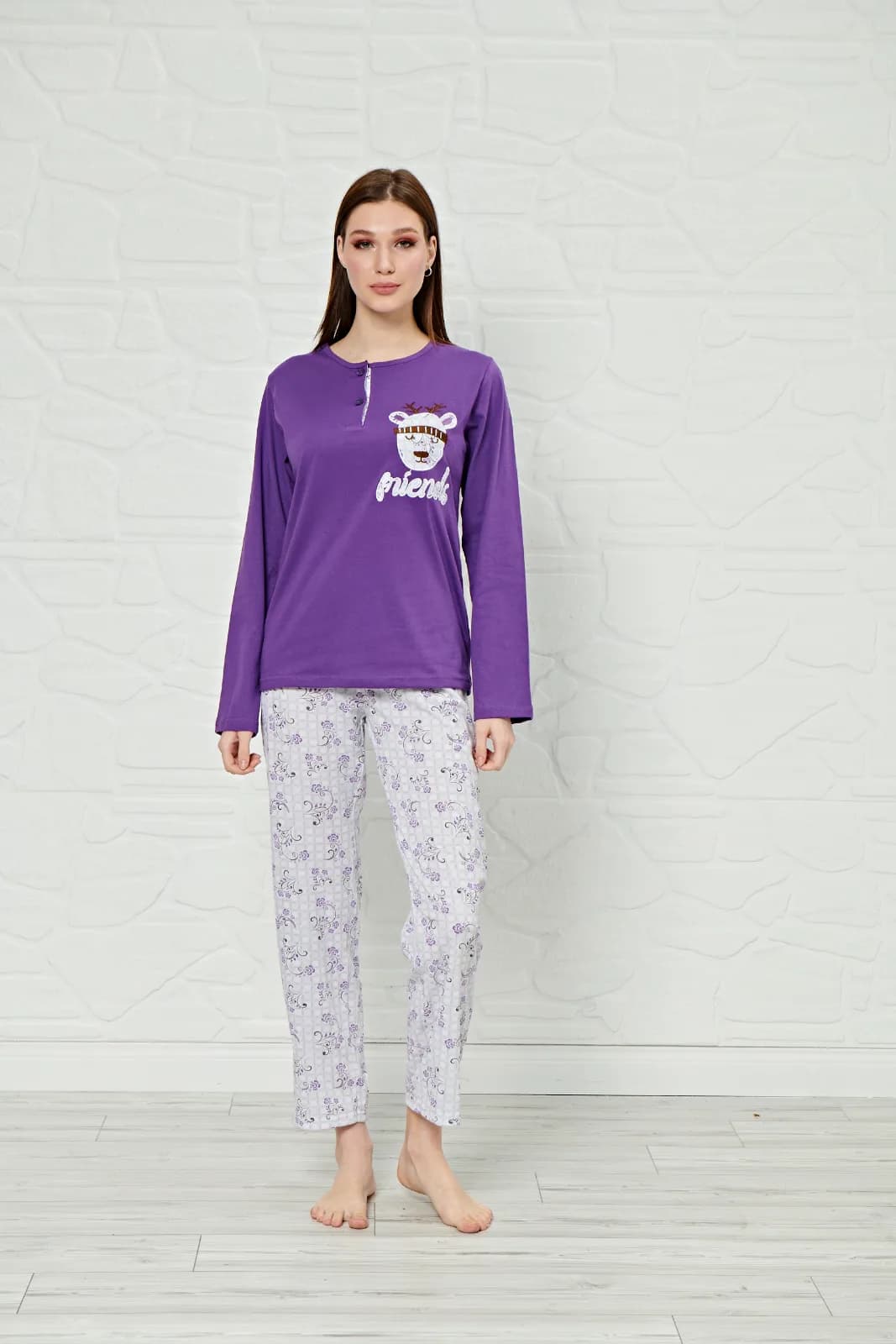 Kadın Uzun Kollu Düğmeli Rahat Kesim Pijama Takımı