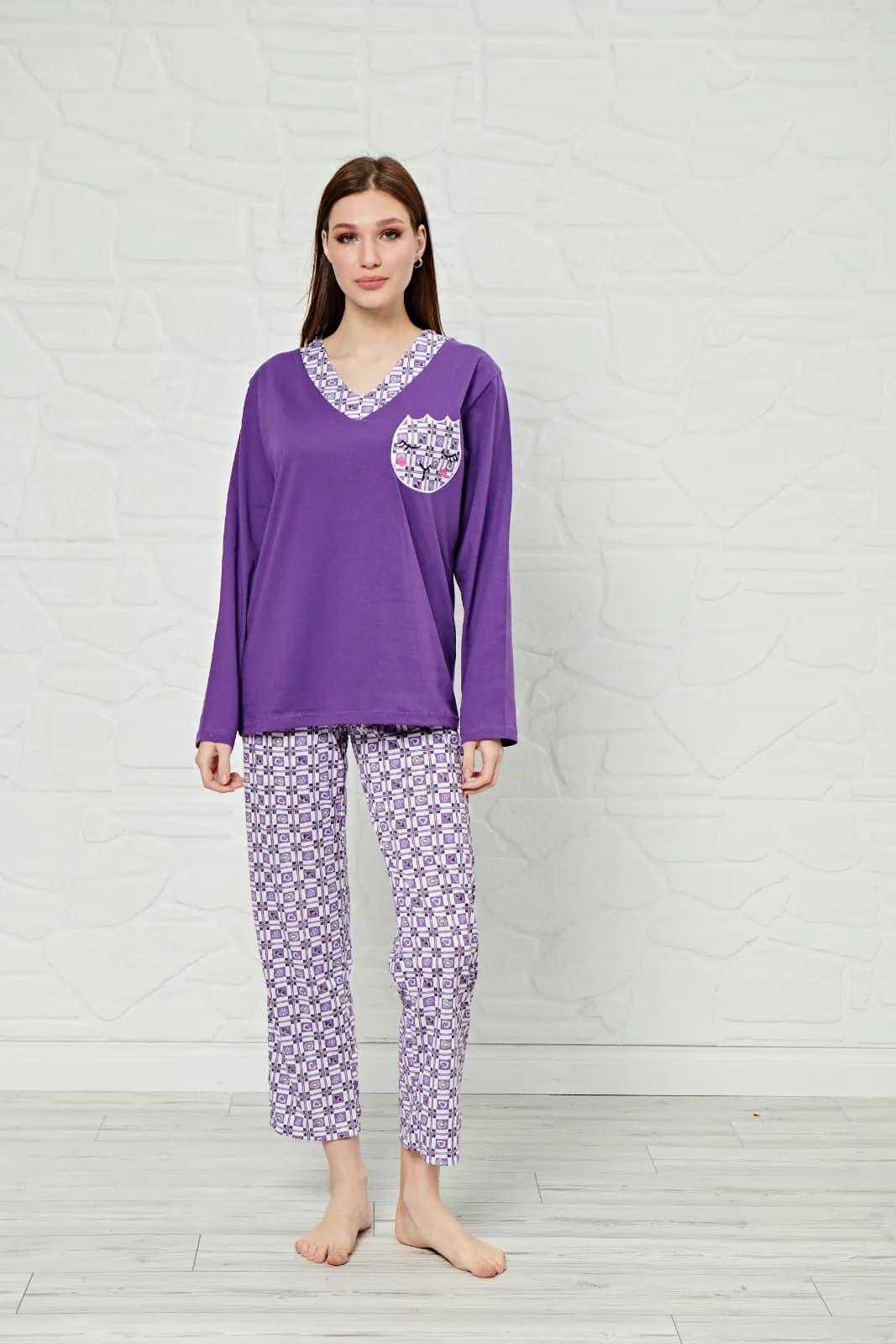 Kadın Uzun Kollu V Yaka Rahat Kesim Pijama Takımı
